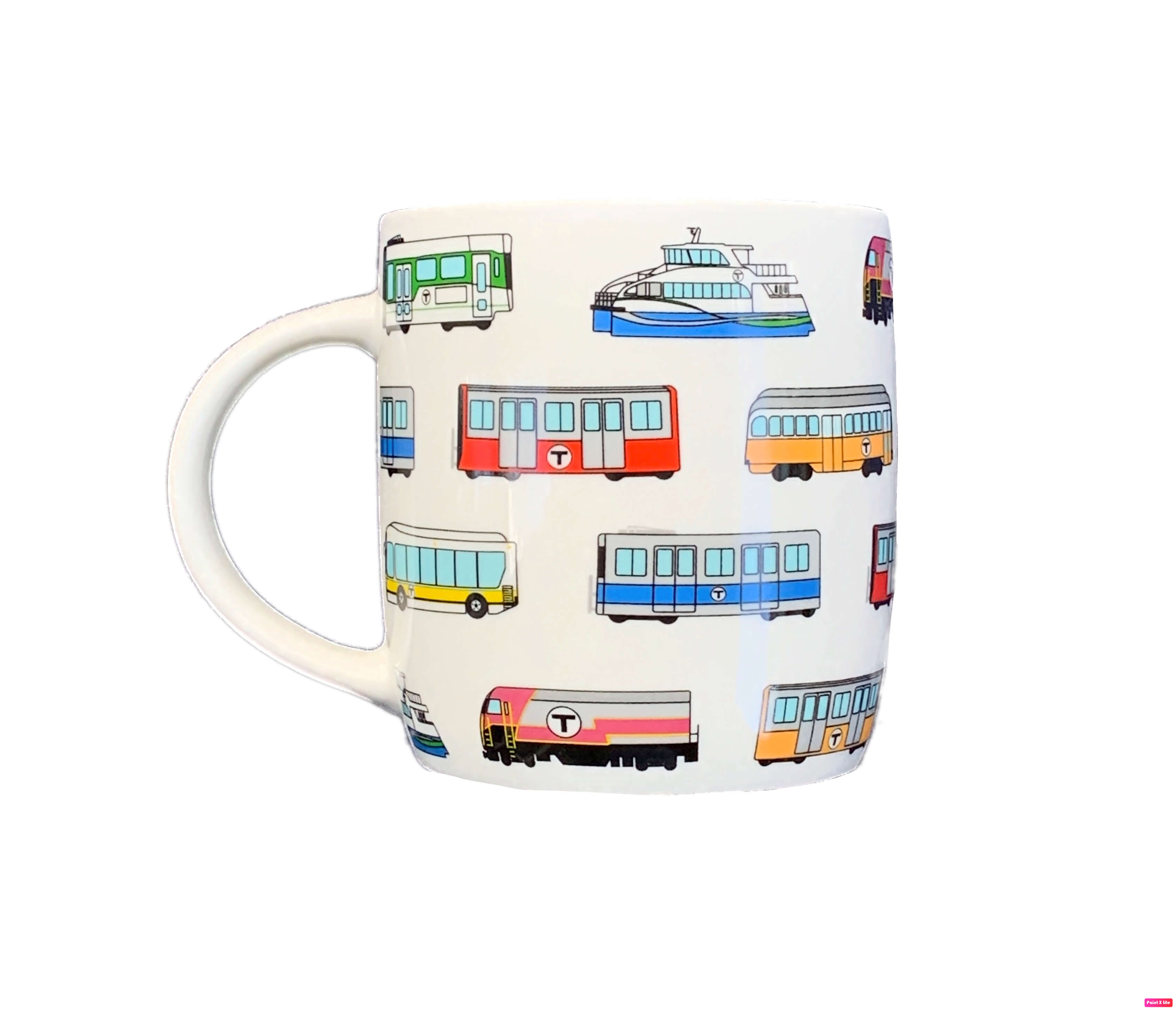 Ceramic coffee mug with Boston MBTA vehicles pattern - right side